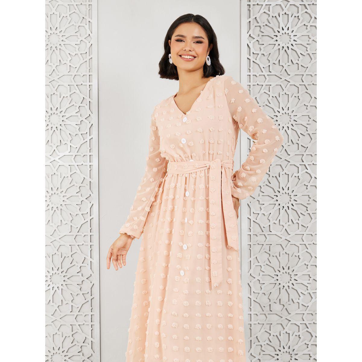 Styli Swiss Dobby Button Detail A-Line Maxi Dress with Self Tie Up-women-clothing-dresses-image-2