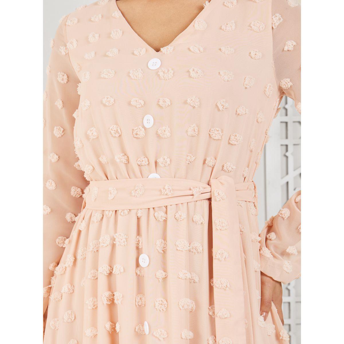 Styli Swiss Dobby Button Detail A-Line Maxi Dress with Self Tie Up-women-clothing-dresses-image-3