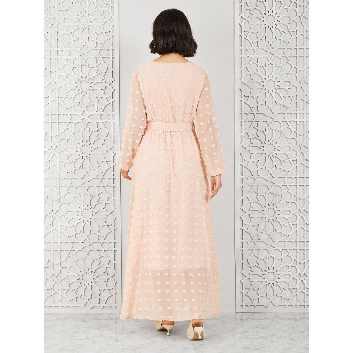 Styli Swiss Dobby Button Detail A-Line Maxi Dress with Self Tie Up-women-clothing-dresses-image-4