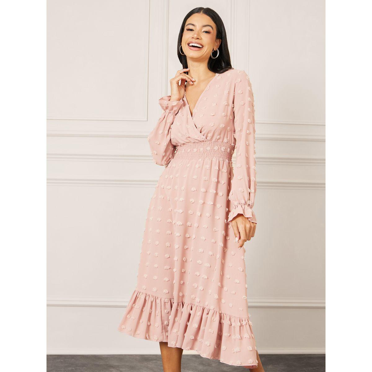 فستان ميدي بتفاصيل بارزة الملمس واكمام باساور-women-clothing-dresses-image-1