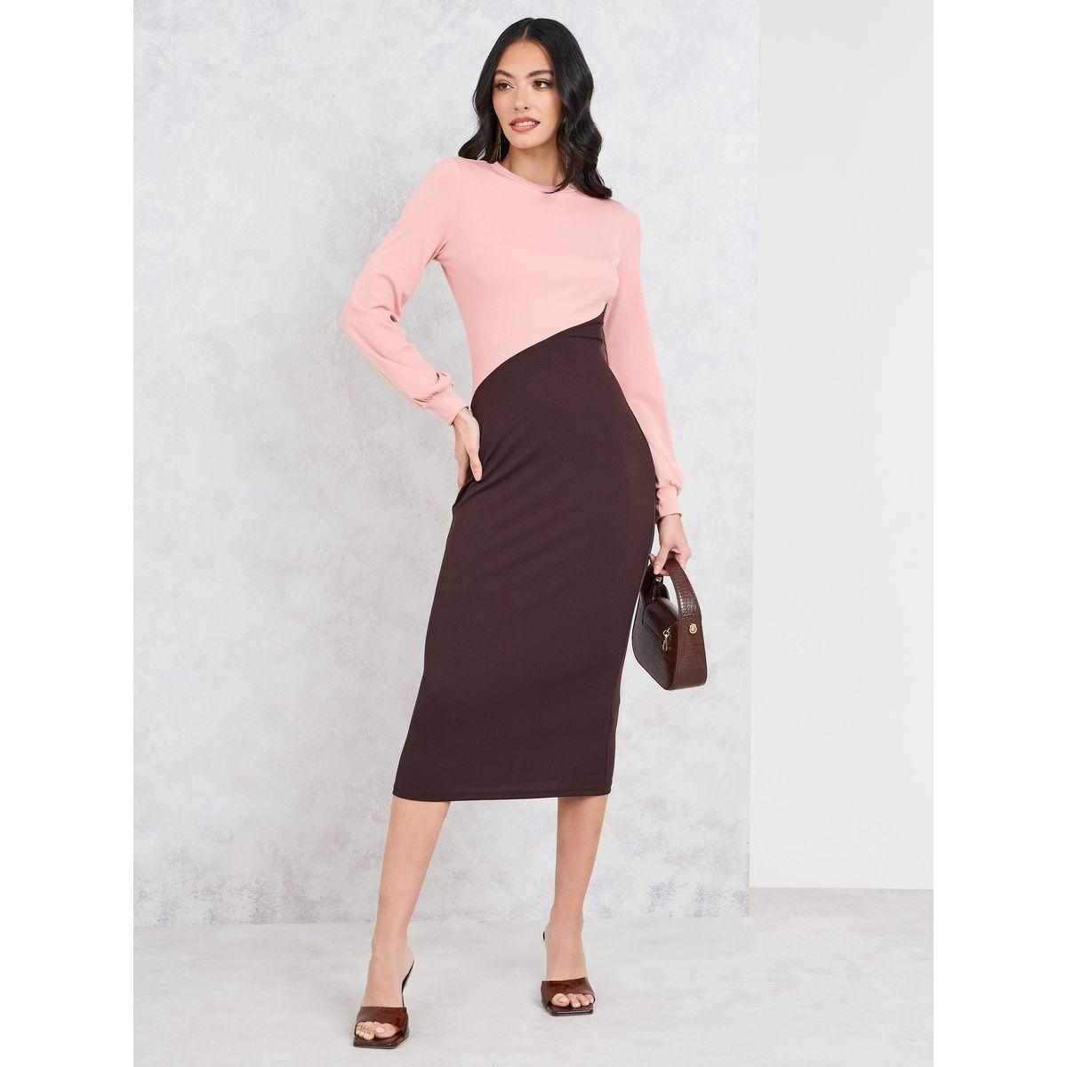 Styli Colorblock Long Sleeves Bodycon Midi Dress-women-clothing-dresses-image-1