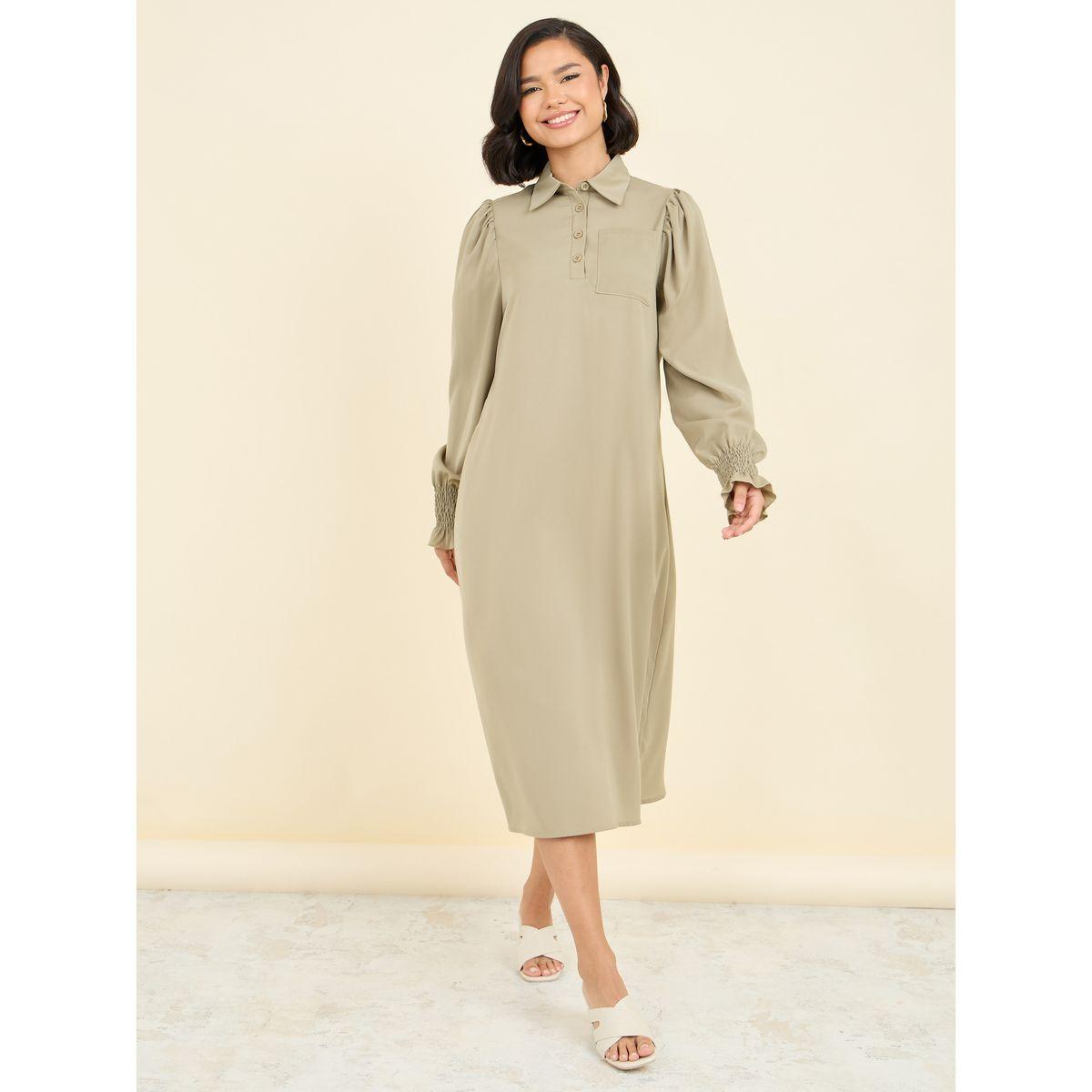فستان ميدي منسوج بتفاصيل جيب وازرار-women-clothing-dresses-image-1