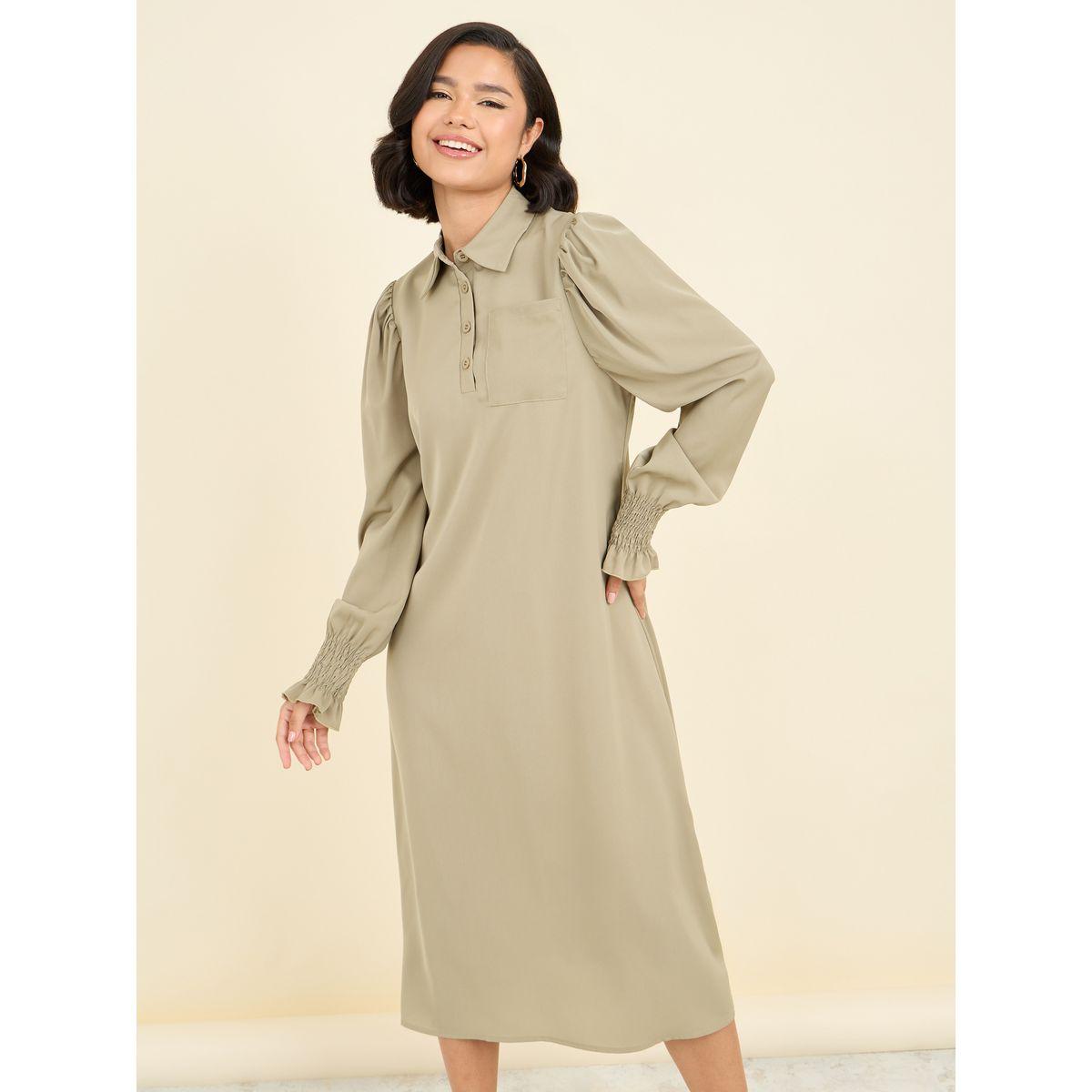 فستان ميدي منسوج بتفاصيل جيب وازرار-women-clothing-dresses-image-2