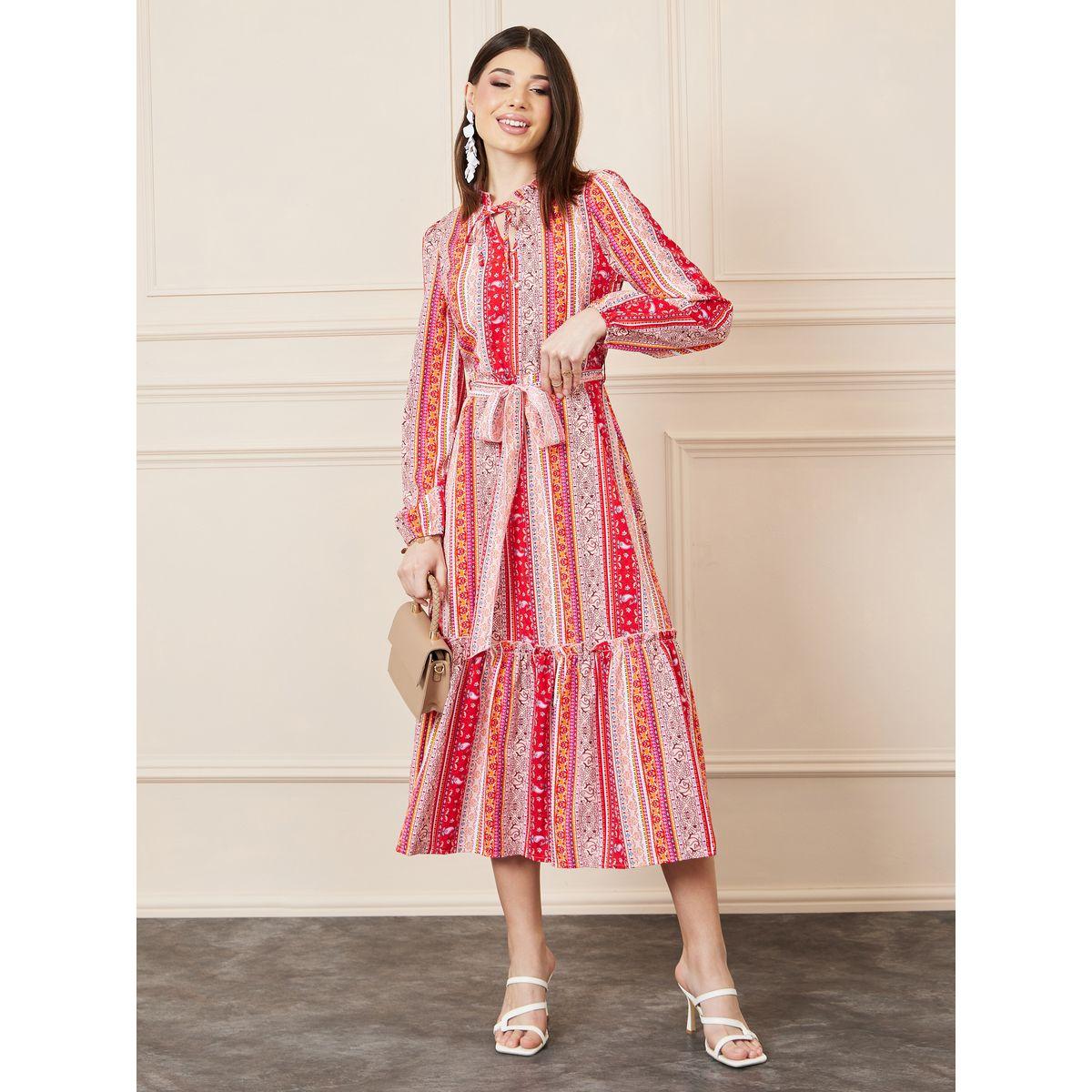 Styli Bohemian Print Tie Up Neck A-Line Midi Dress with Self Tie Up-women-clothing-dresses-image-1
