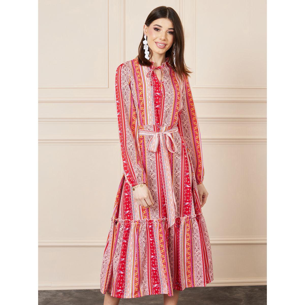 Styli Bohemian Print Tie Up Neck A-Line Midi Dress with Self Tie Up-women-clothing-dresses-image-2