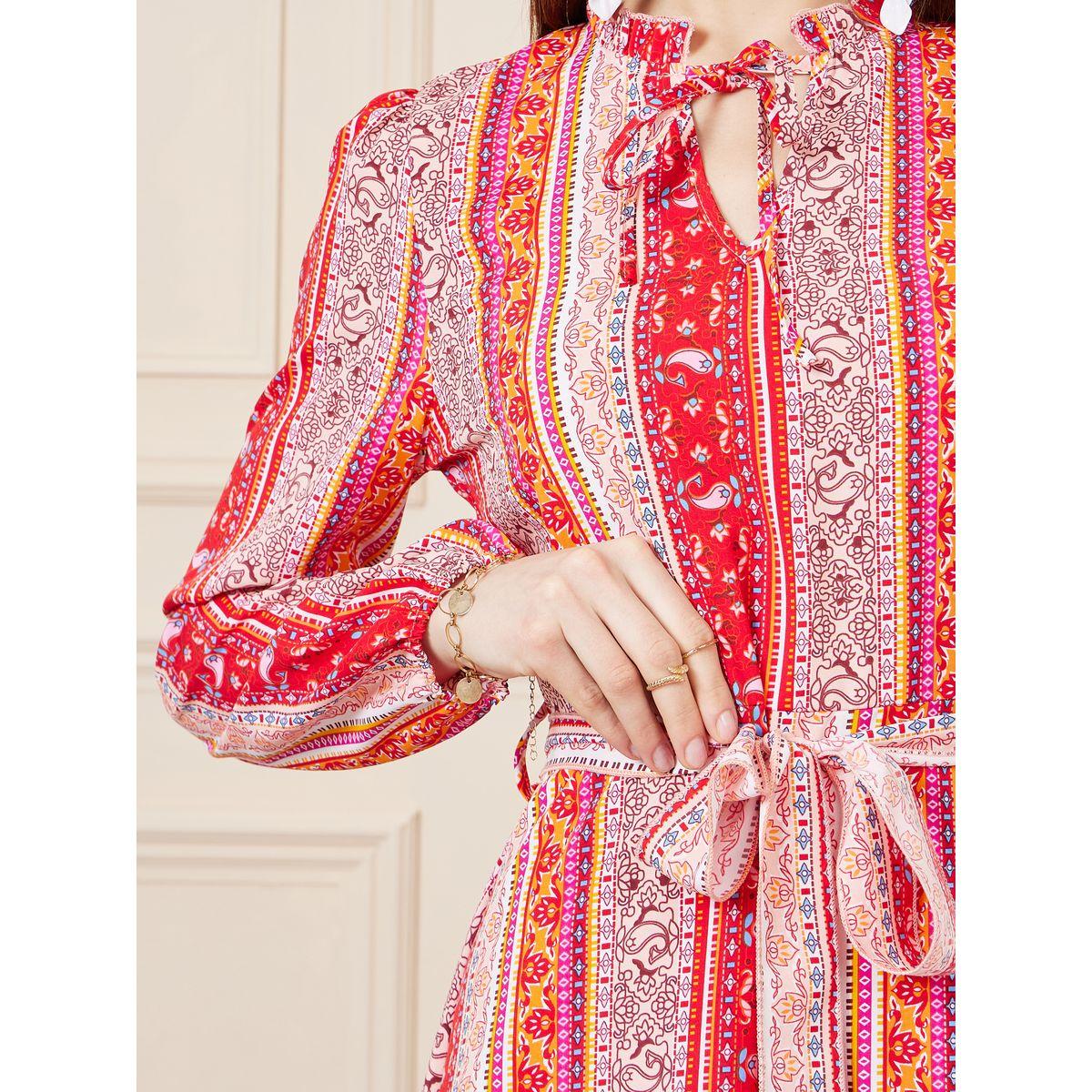 Styli Bohemian Print Tie Up Neck A-Line Midi Dress with Self Tie Up-women-clothing-dresses-image-3