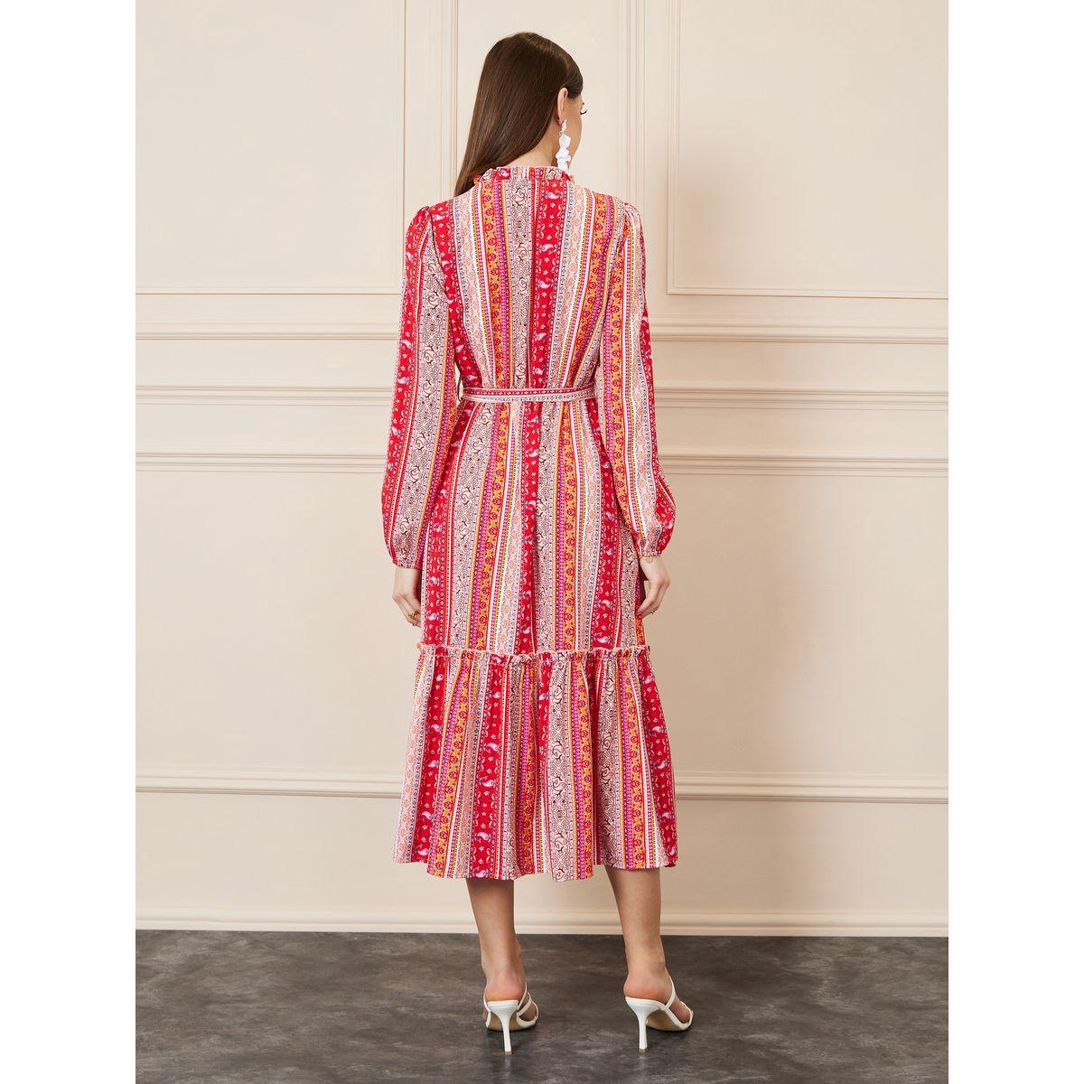 فستان ميدي بطبعة بوهيمية مع رباط خصر-women-clothing-dresses-image-4