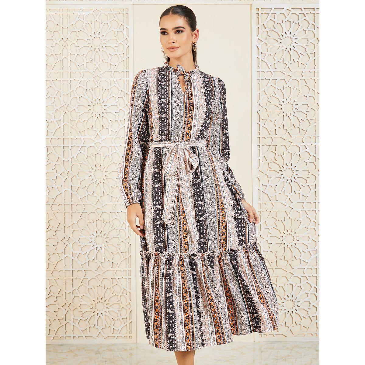 Styli Bohemian Print Tie Up Neck A-Line Midi Dress-women-clothing-dresses-image-2