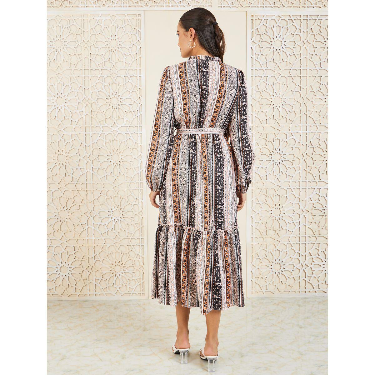فستان ميدي بطبعة بوهيمية وياقة بأربطة-women-clothing-dresses-image-4