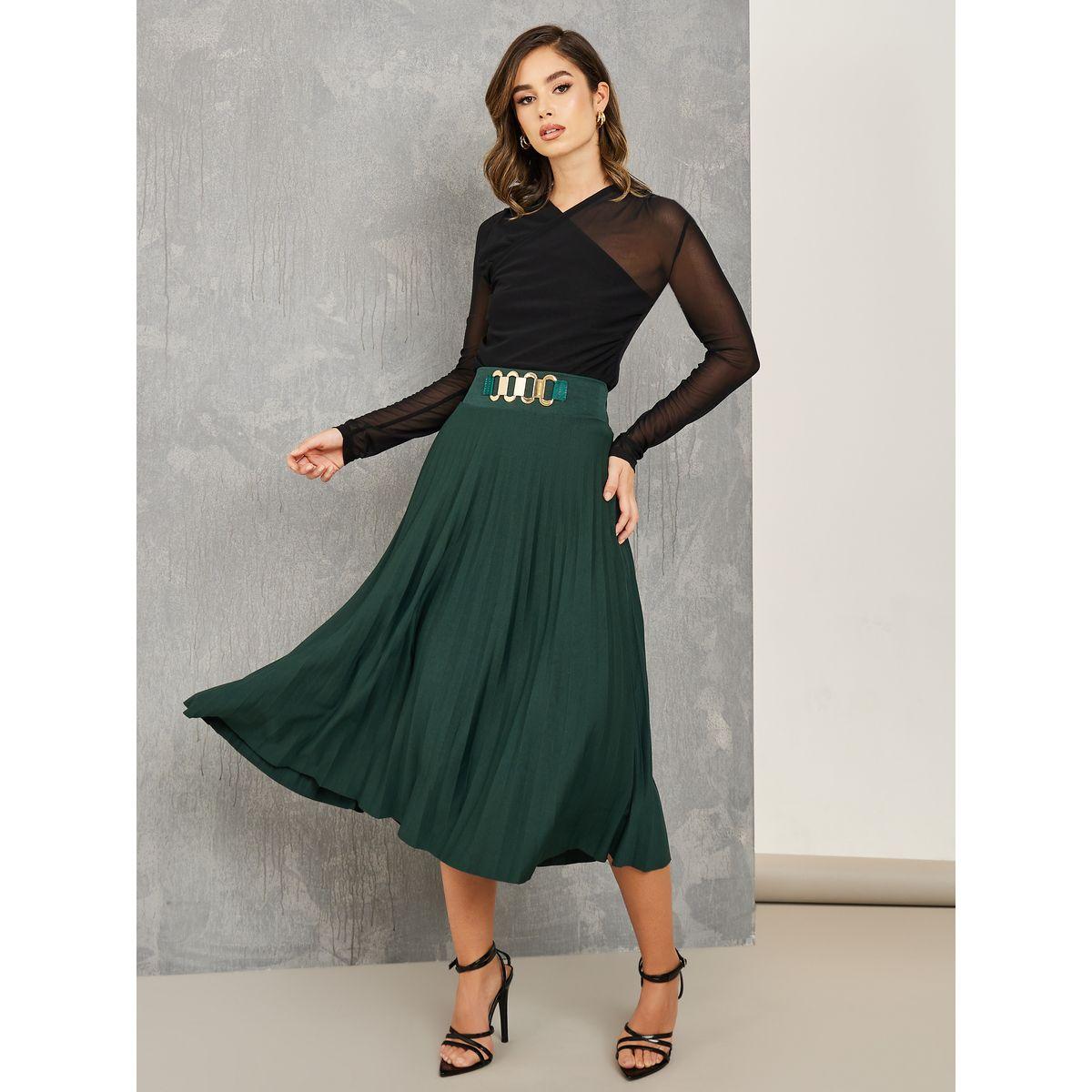 Styli Pleated Midi Skirt with Chain Link Accent-women-clothing-bottoms-skirts-image-1