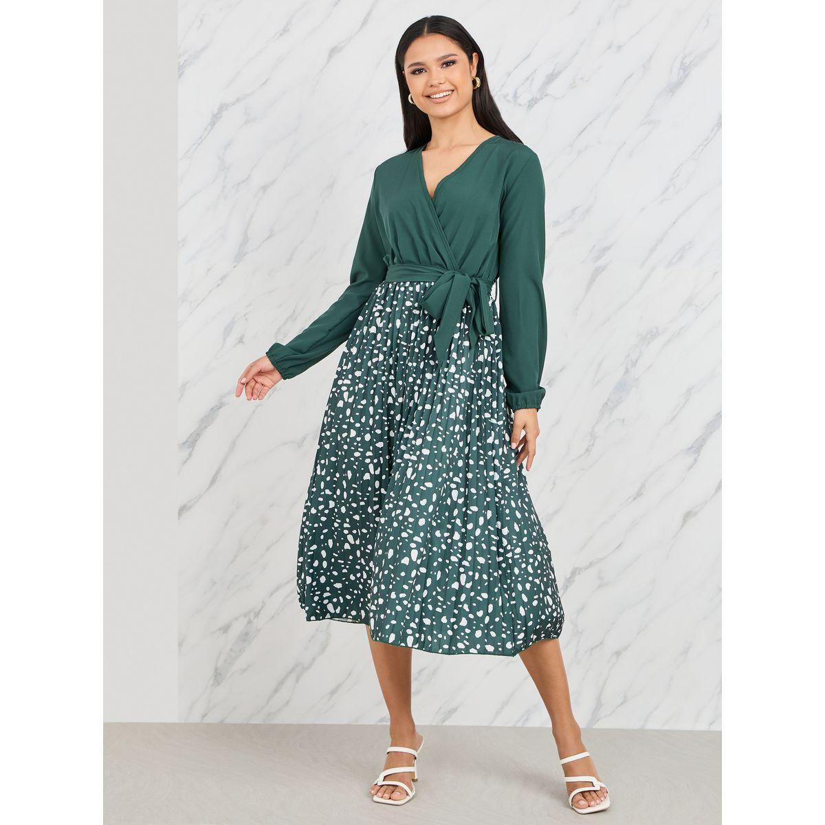 فستان ميدي بكسرات وحزام خصر-women-clothing-dresses-image-1