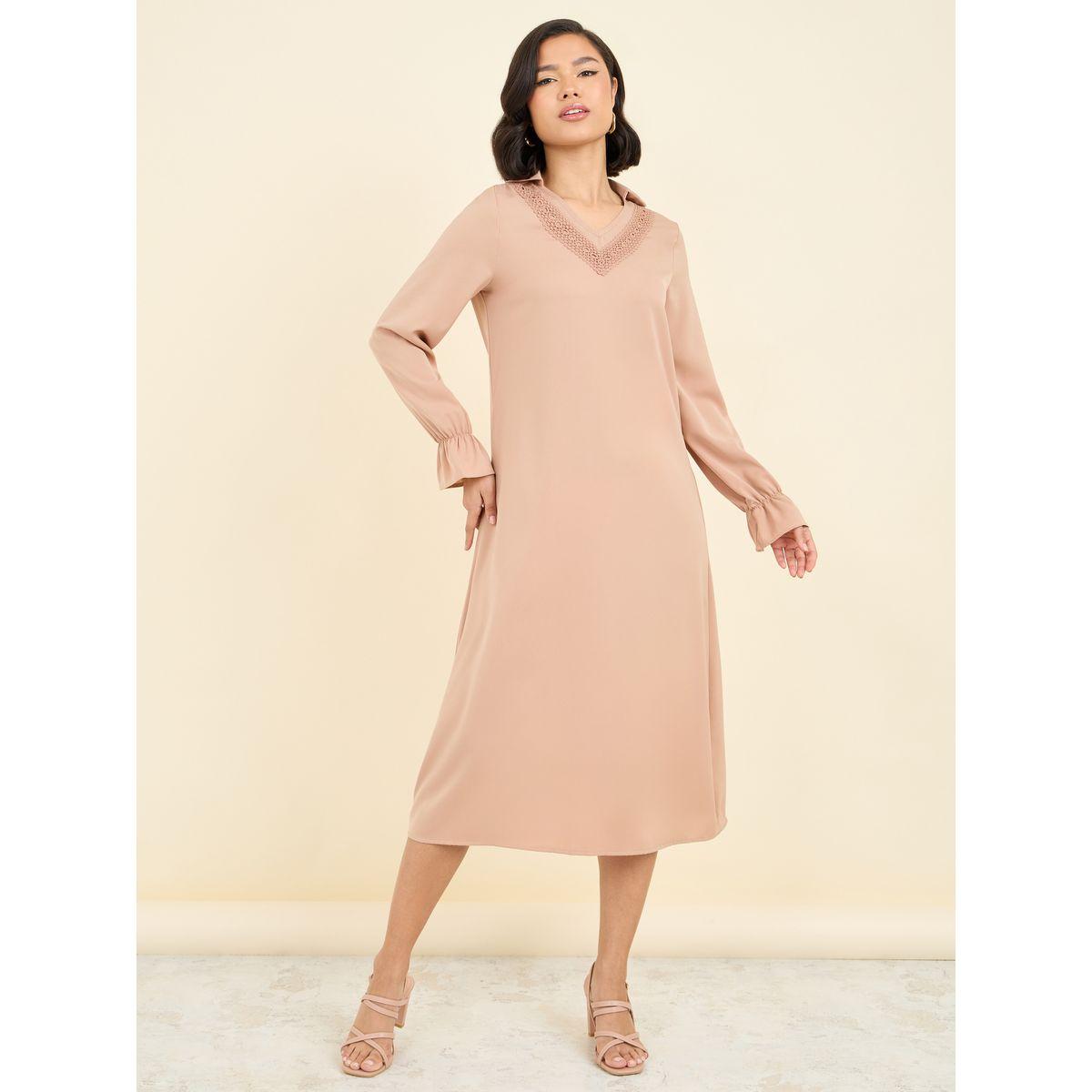 Styli Lace Detail Collared Shift Midi Dress-women-clothing-dresses-image-1