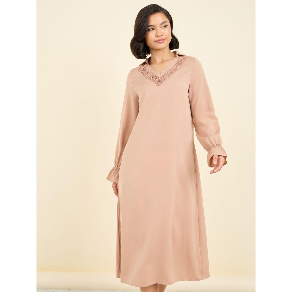 Styli Lace Detail Collared Shift Midi Dress-women-clothing-dresses-image-2