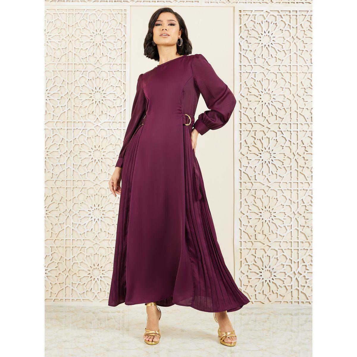 فستان طويل مزين بكسرات مع اكمام بأساور-women-clothing-dresses-image-1