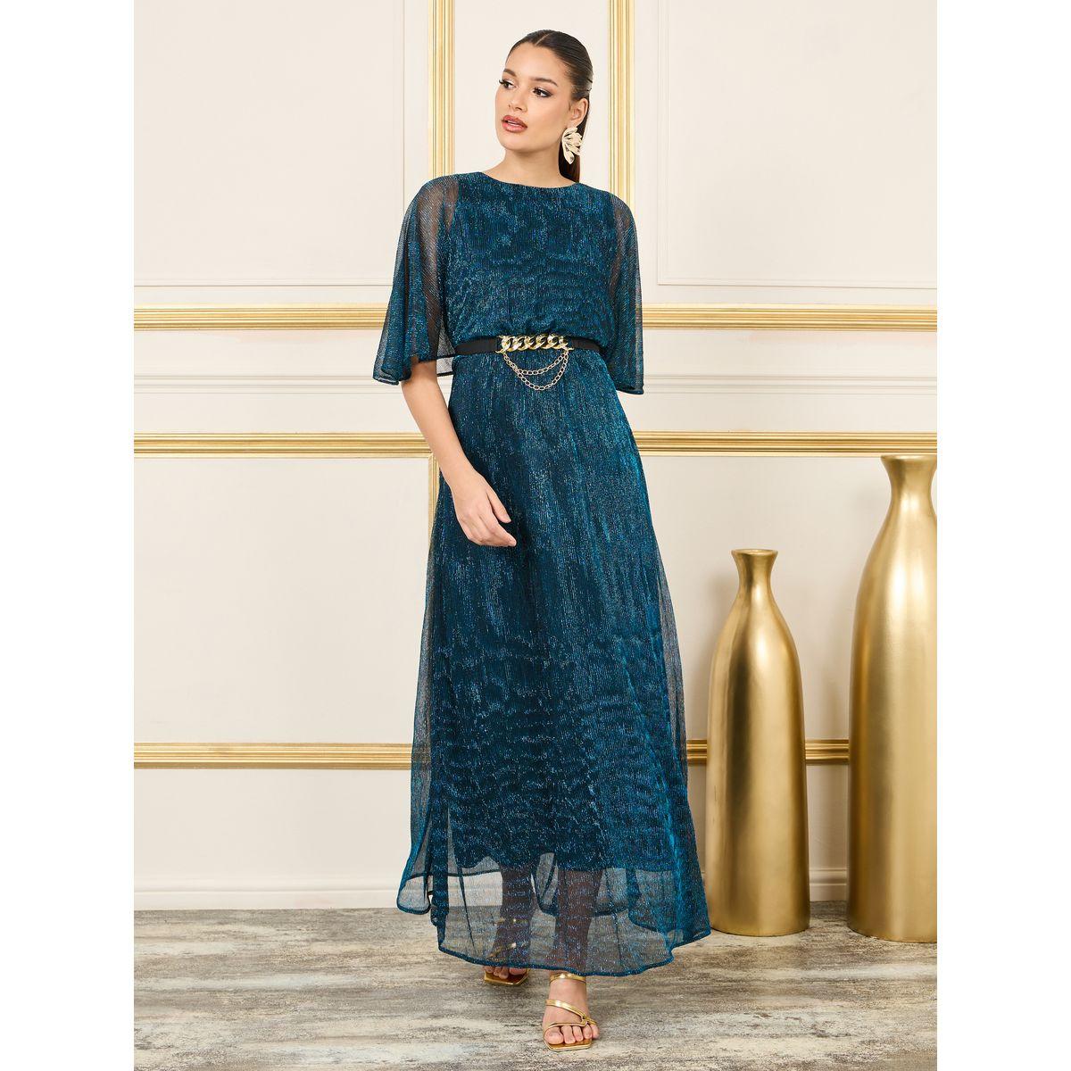 فستان طويل بليسيه وتفاصيل حلية معدن-women-clothing-dresses-image-1