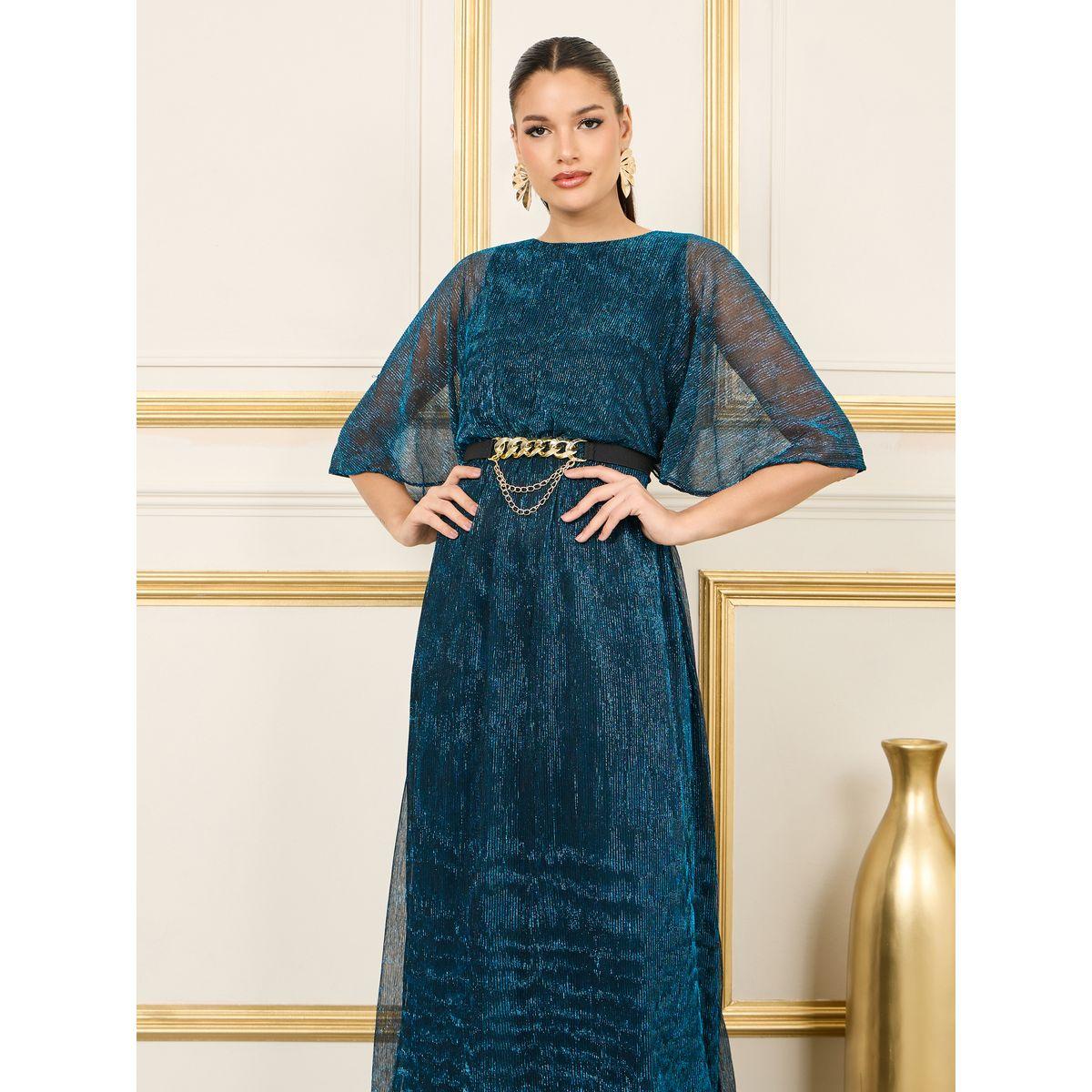 فستان طويل بليسيه وتفاصيل حلية معدن-women-clothing-dresses-image-2