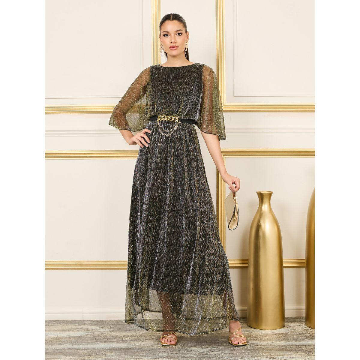 فستان طويل بليسيه وتفاصيل حلية معدن-women-clothing-dresses-image-1