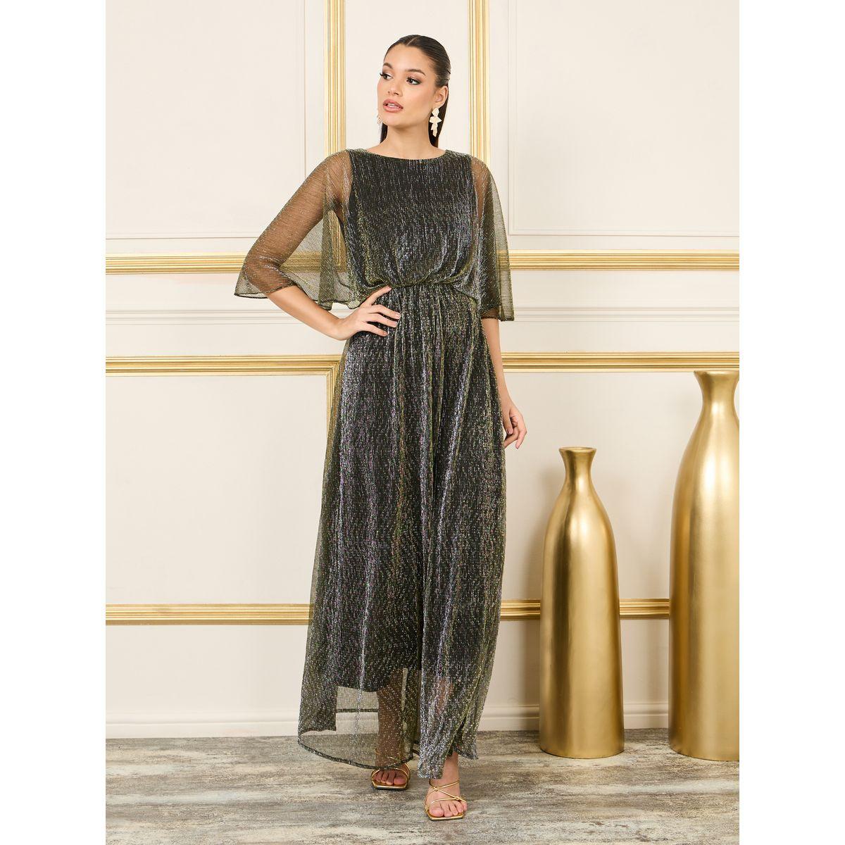 فستان طويل بليسيه وتفاصيل حلية معدن-women-clothing-dresses-image-2