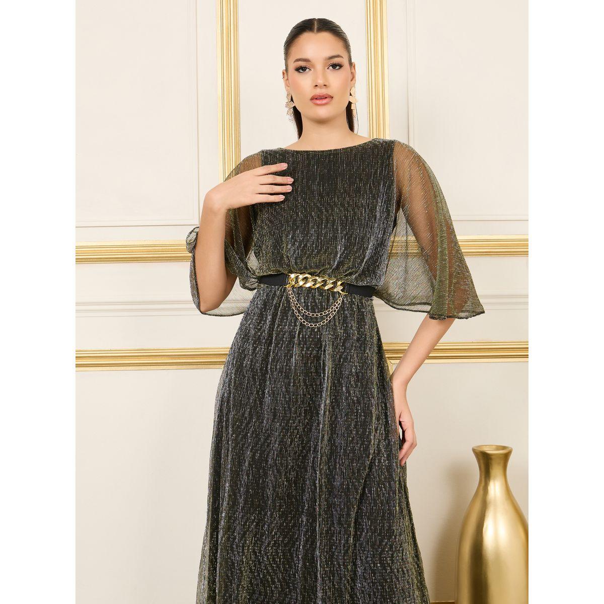 فستان طويل بليسيه وتفاصيل حلية معدن-women-clothing-dresses-image-3