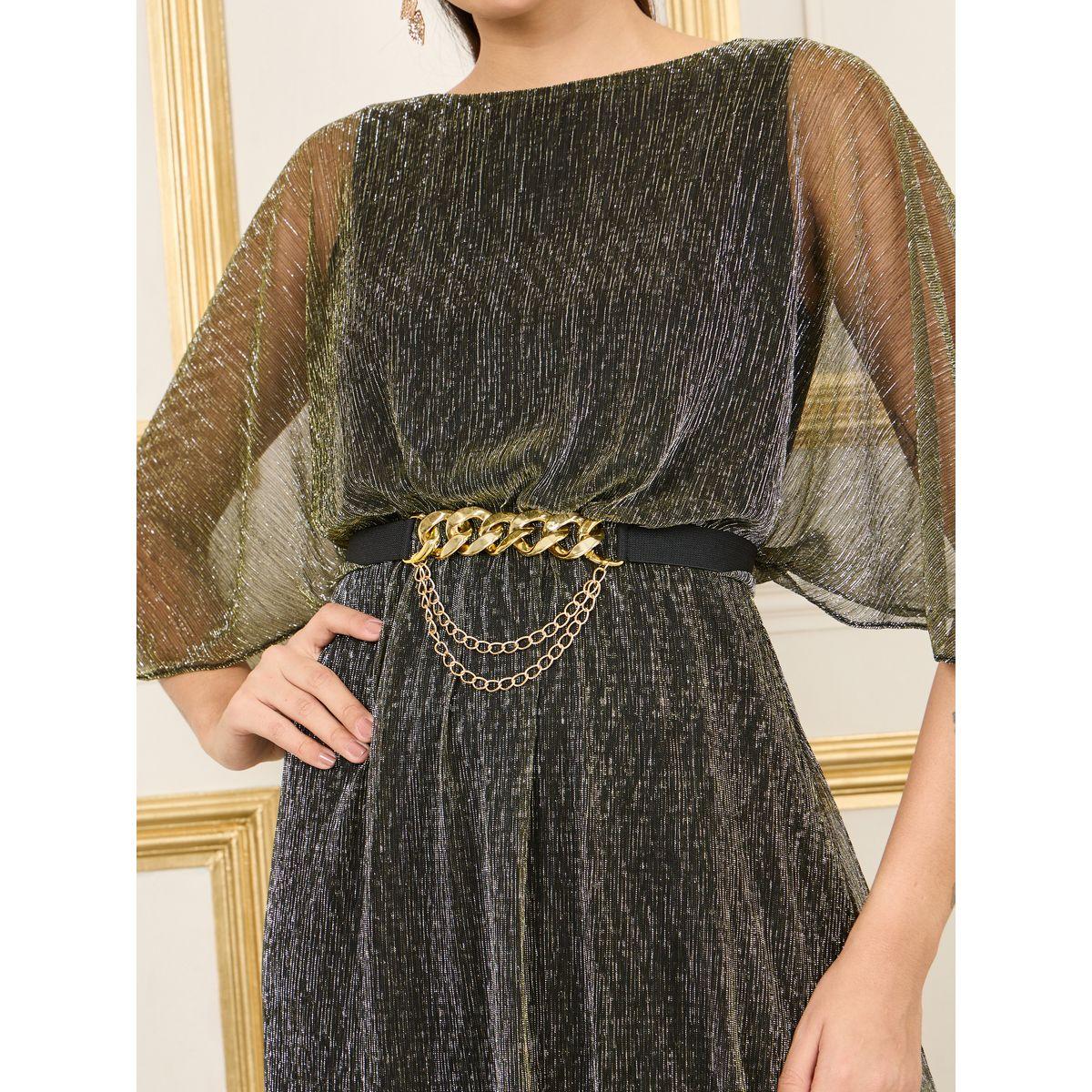 فستان طويل بليسيه وتفاصيل حلية معدن-women-clothing-dresses-image-4