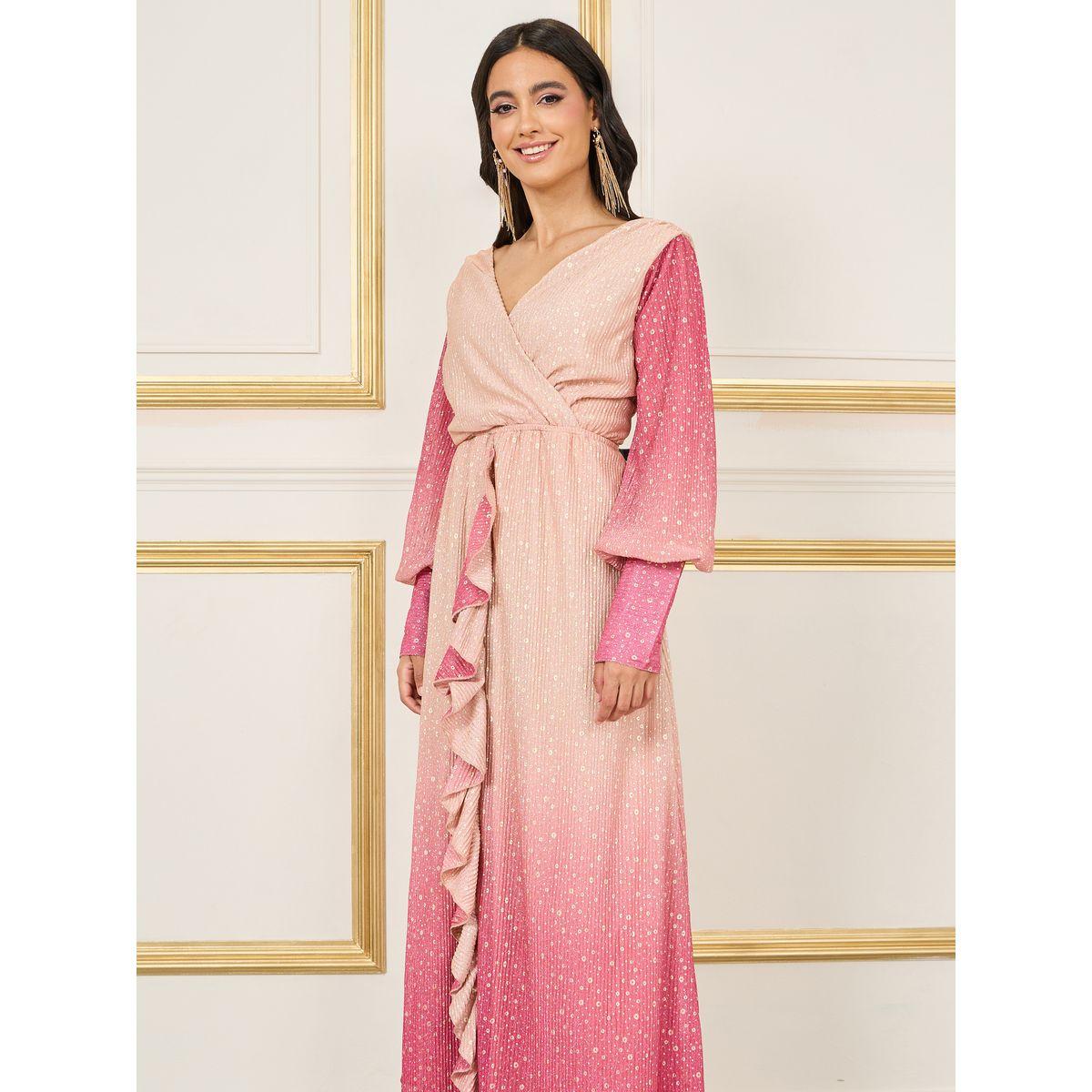 فستان طويل بطبعة فويل وتفاصيل كشكش-women-clothing-dresses-image-2