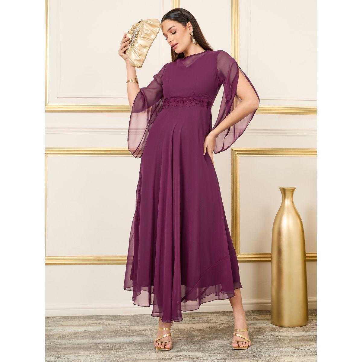 Styli Floral Applique Mesh Slit Sleeves A-Line Maxi Dress-women-clothing-dresses-image-1