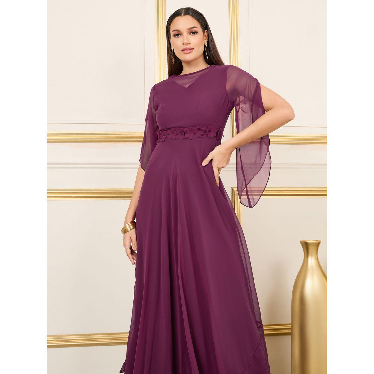 Styli Floral Applique Mesh Slit Sleeves A-Line Maxi Dress-women-clothing-dresses-image-2