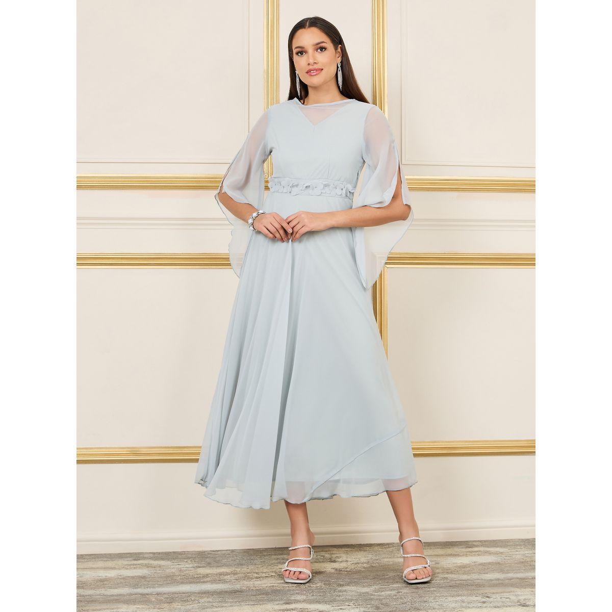 Styli Floral Applique Mesh Slit Sleeves A-Line Maxi Dress-women-clothing-dresses-image-1