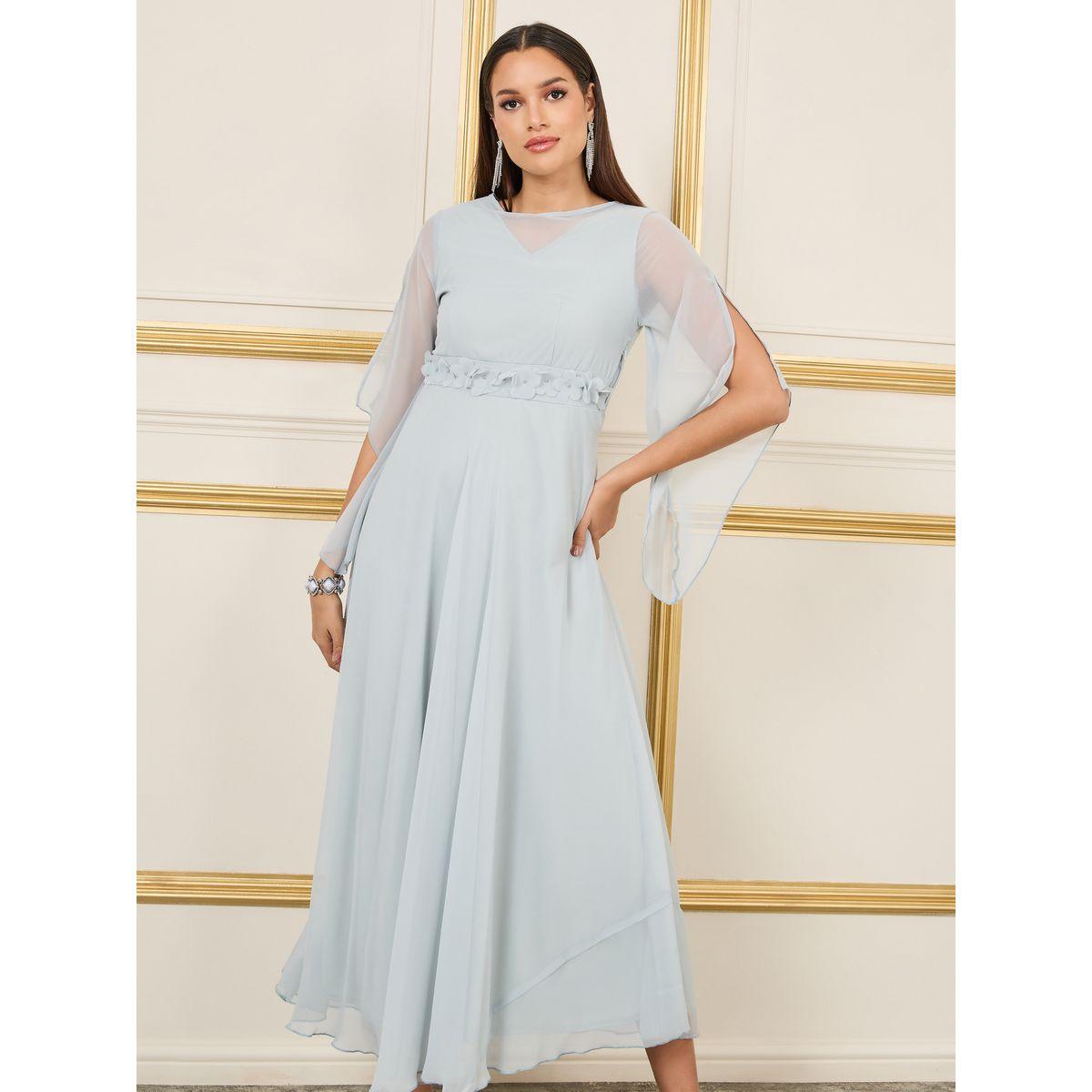 Styli Floral Applique Mesh Slit Sleeves A-Line Maxi Dress-women-clothing-dresses-image-2