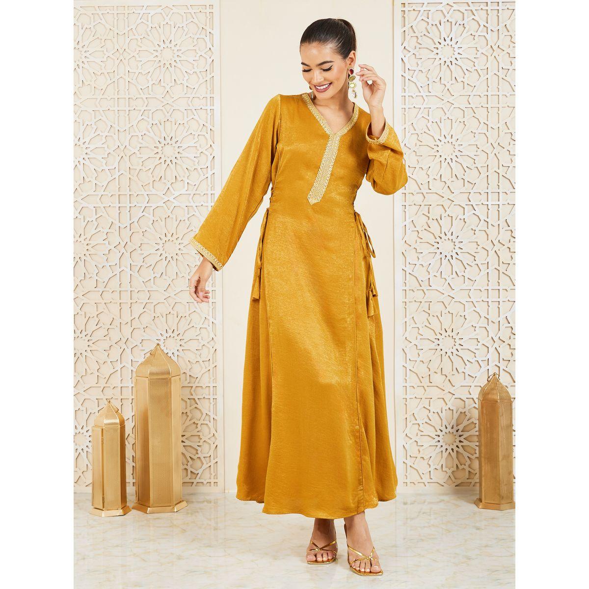 Styli Satin Embroidered Lace Detail Side Tie Up Jalabiya-women-arabicclothing-jalabiyas-image-1
