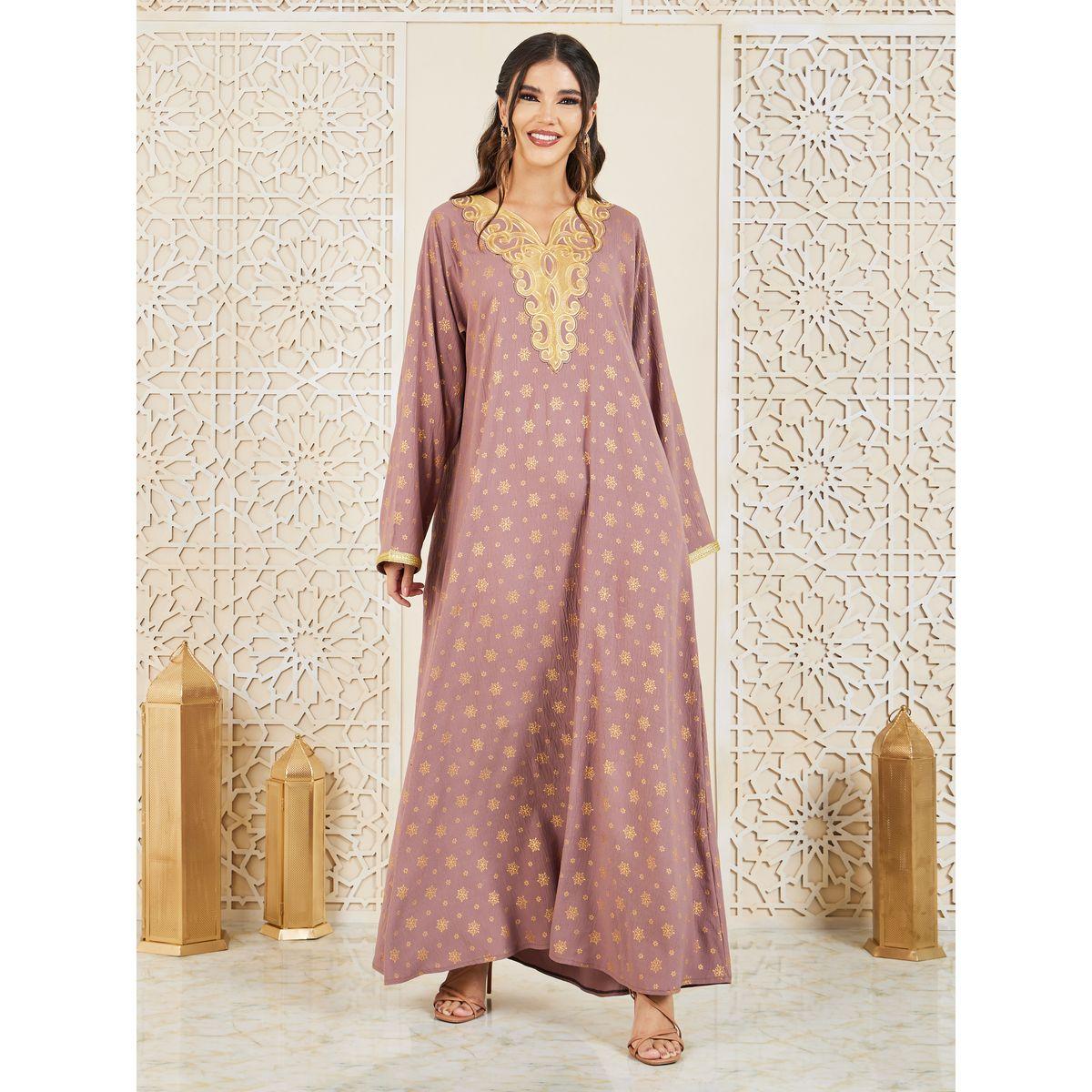 Styli Embroidered Neck Foil Print Jalabiya with Self Tie Up-women-arabicclothing-jalabiyas-image-1