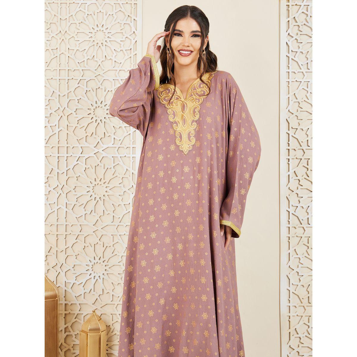 Styli Embroidered Neck Foil Print Jalabiya with Self Tie Up-women-arabicclothing-jalabiyas-image-2