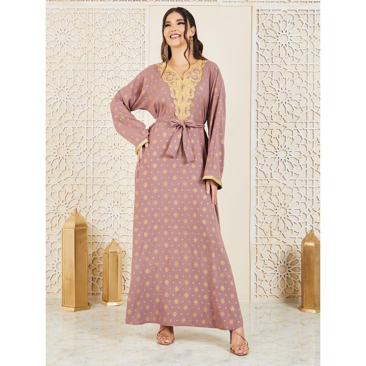 Styli Embroidered Neck Foil Print Jalabiya with Self Tie Up-women-arabicclothing-jalabiyas-image-3