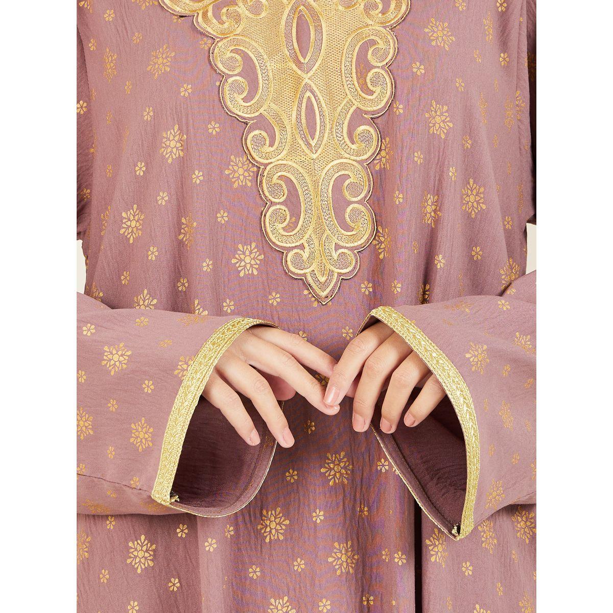 Styli Embroidered Neck Foil Print Jalabiya with Self Tie Up-women-arabicclothing-jalabiyas-image-4