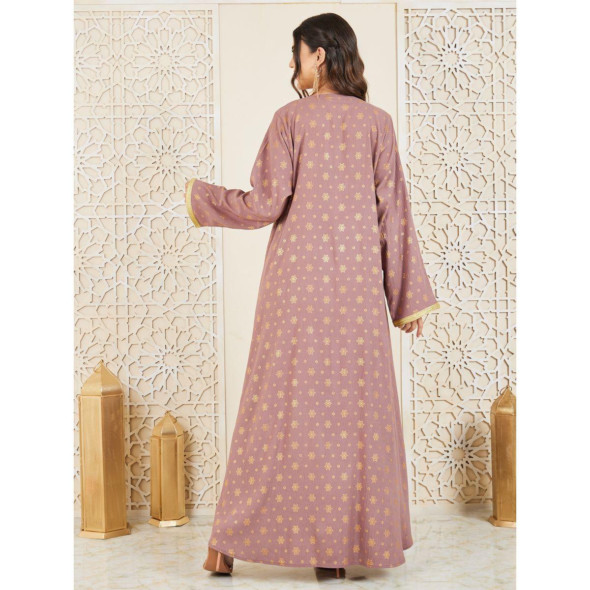 Styli Embroidered Neck Foil Print Jalabiya with Self Tie Up-women-arabicclothing-jalabiyas-image-5
