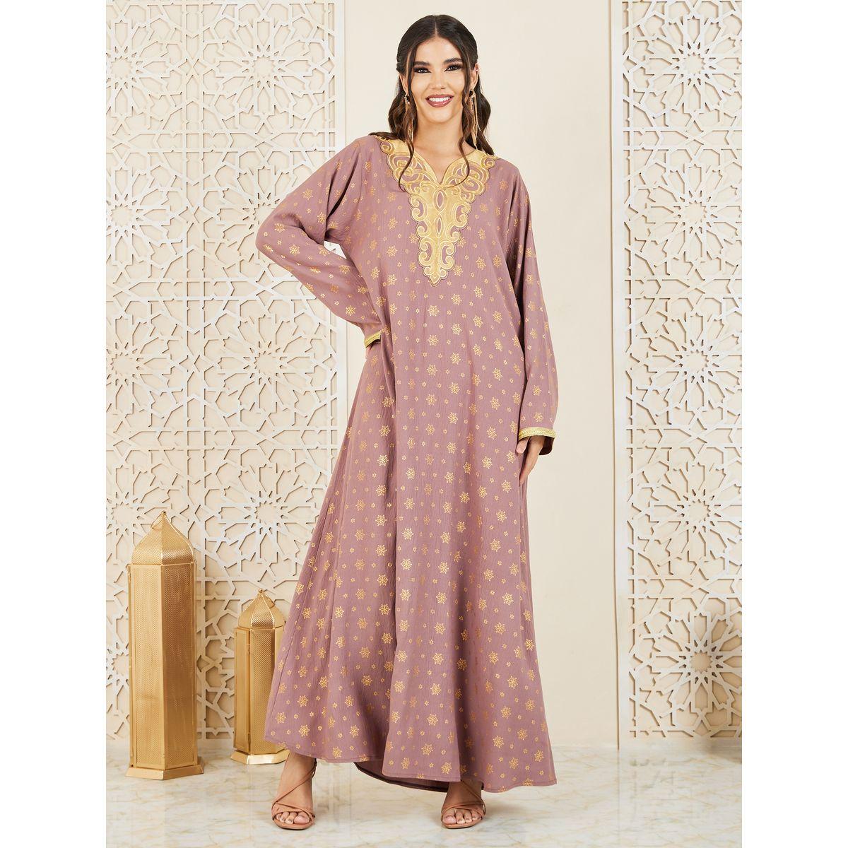 Styli Embroidered Neck Foil Print Jalabiya with Self Tie Up-women-arabicclothing-jalabiyas-image-6