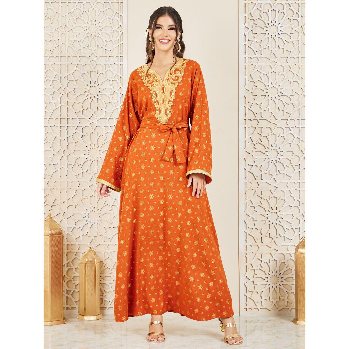 Styli Embroidered Neck Foil Print Jalabiya with Self Tie Up-women-arabicclothing-jalabiyas-image-1