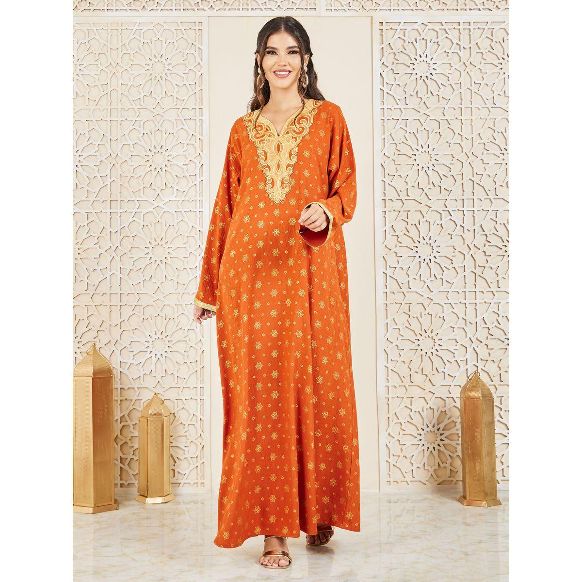 Styli Embroidered Neck Foil Print Jalabiya with Self Tie Up-women-arabicclothing-jalabiyas-image-2