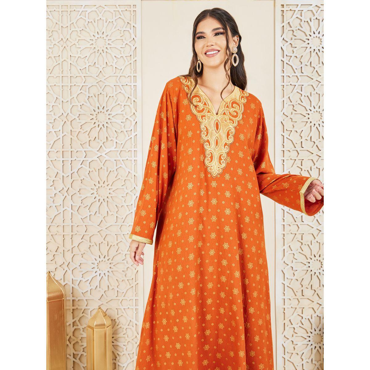 Styli Embroidered Neck Foil Print Jalabiya with Self Tie Up-women-arabicclothing-jalabiyas-image-3