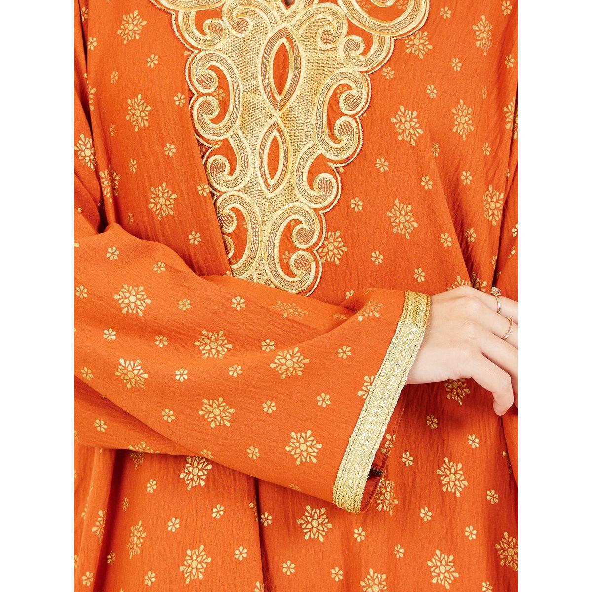 Styli Embroidered Neck Foil Print Jalabiya with Self Tie Up-women-arabicclothing-jalabiyas-image-4