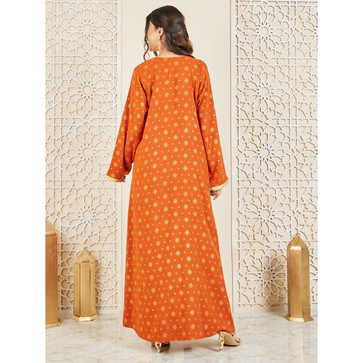 Styli Embroidered Neck Foil Print Jalabiya with Self Tie Up-women-arabicclothing-jalabiyas-image-5