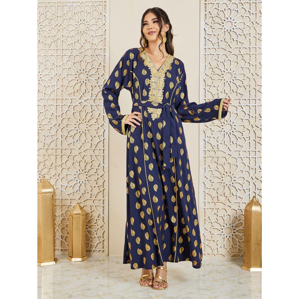 Styli Foil Print Embroidered Neck Jalabiya with Self Tie Up-women-arabicclothing-jalabiyas-image-2