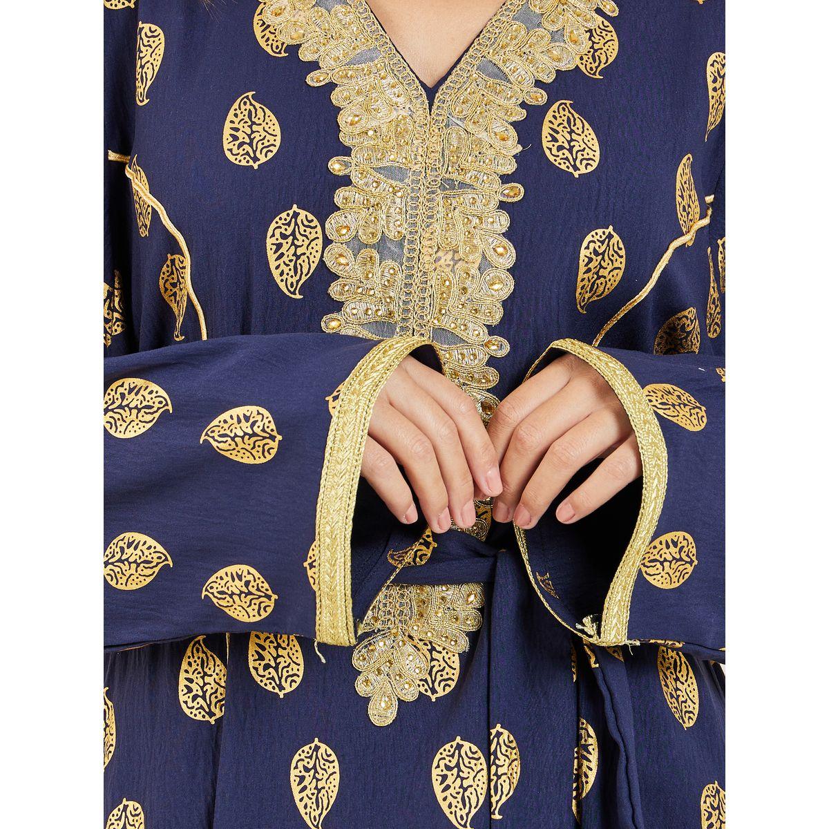 Styli Foil Print Embroidered Neck Jalabiya with Self Tie Up-women-arabicclothing-jalabiyas-image-3