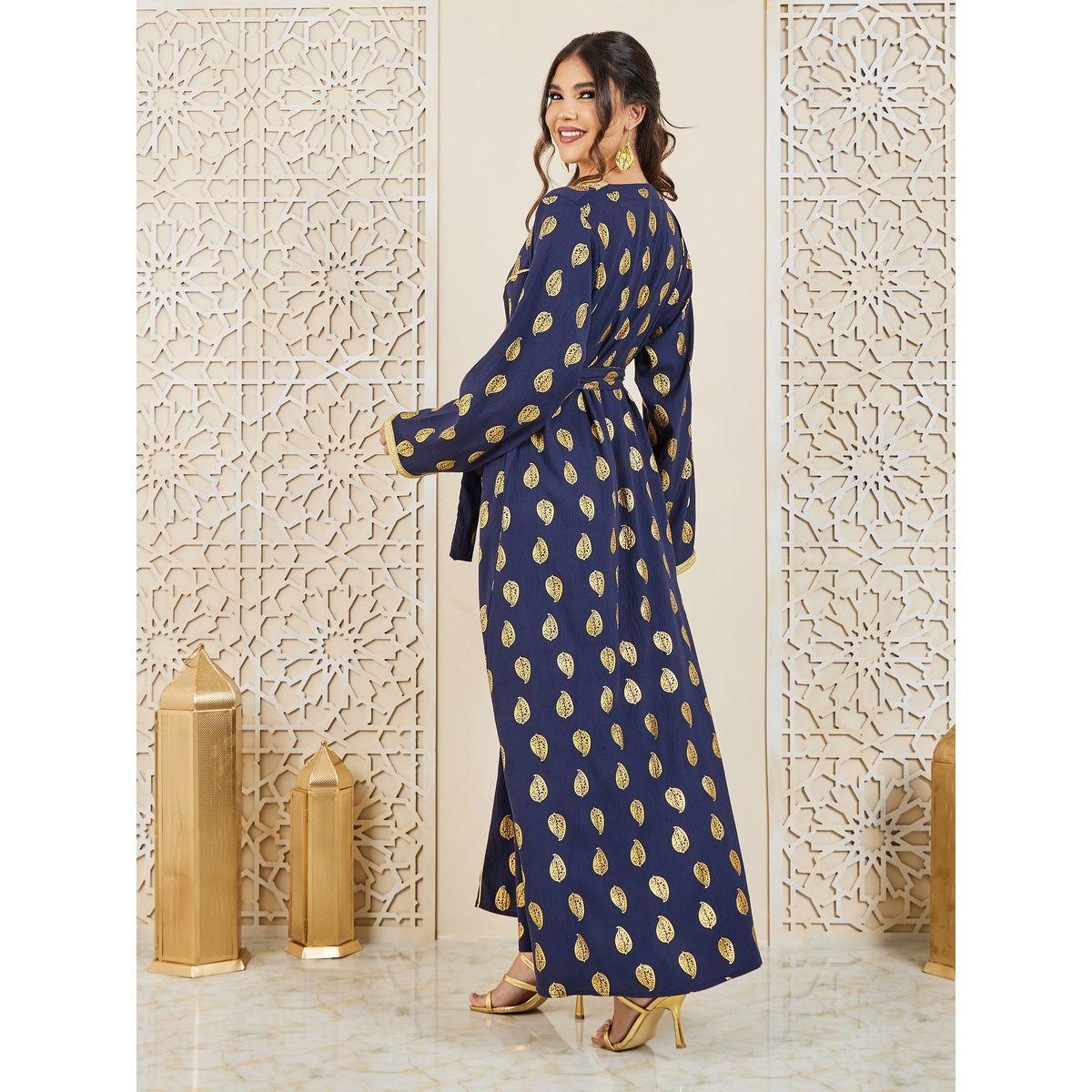 Styli Foil Print Embroidered Neck Jalabiya with Self Tie Up-women-arabicclothing-jalabiyas-image-4