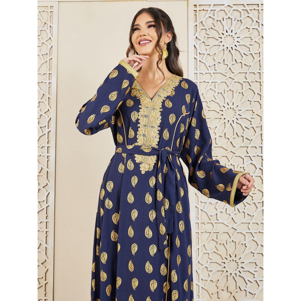 Styli Foil Print Embroidered Neck Jalabiya with Self Tie Up-women-arabicclothing-jalabiyas-image-5