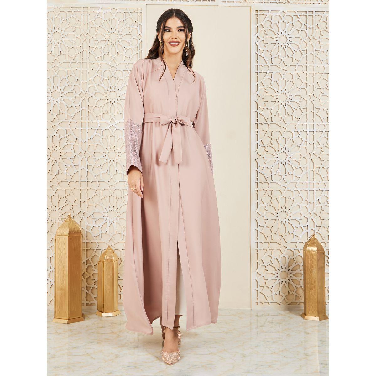 Styli Lace Detail Sleeves Concealed Placket Closure Abaya with Self Tie Up-women-arabicclothing-abayas-image-1