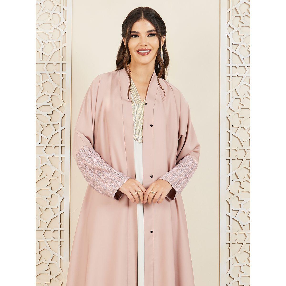 Styli Lace Detail Sleeves Concealed Placket Closure Abaya with Self Tie Up-women-arabicclothing-abayas-image-2
