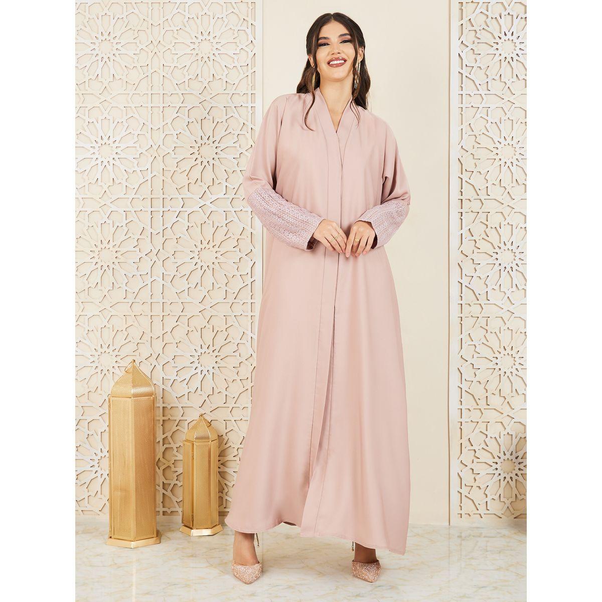 Styli Lace Detail Sleeves Concealed Placket Closure Abaya with Self Tie Up-women-arabicclothing-abayas-image-3