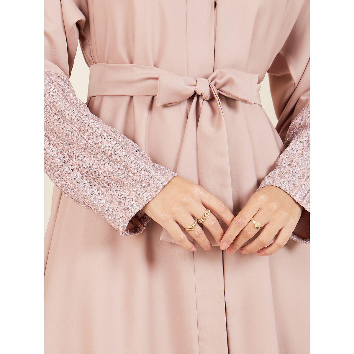 Styli Lace Detail Sleeves Concealed Placket Closure Abaya with Self Tie Up-women-arabicclothing-abayas-image-4