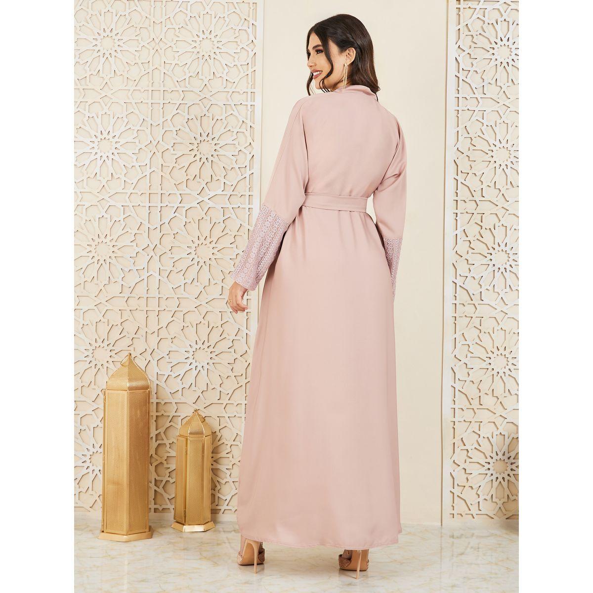 Styli Lace Detail Sleeves Concealed Placket Closure Abaya with Self Tie Up-women-arabicclothing-abayas-image-5